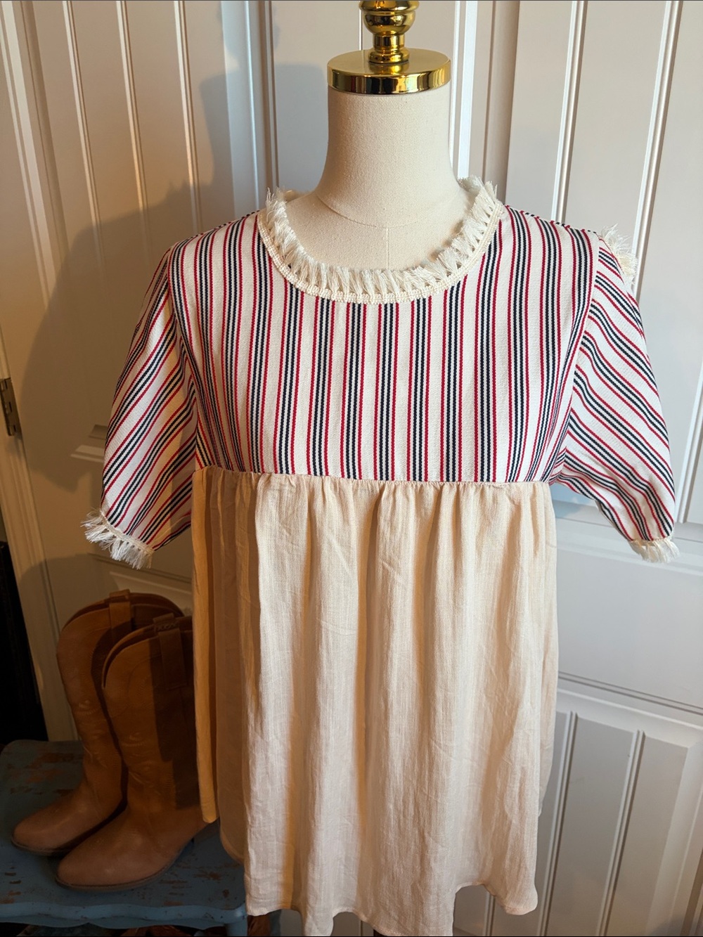 DAVI & DANI Cream Tunic with Red & Navy Striped Bodice